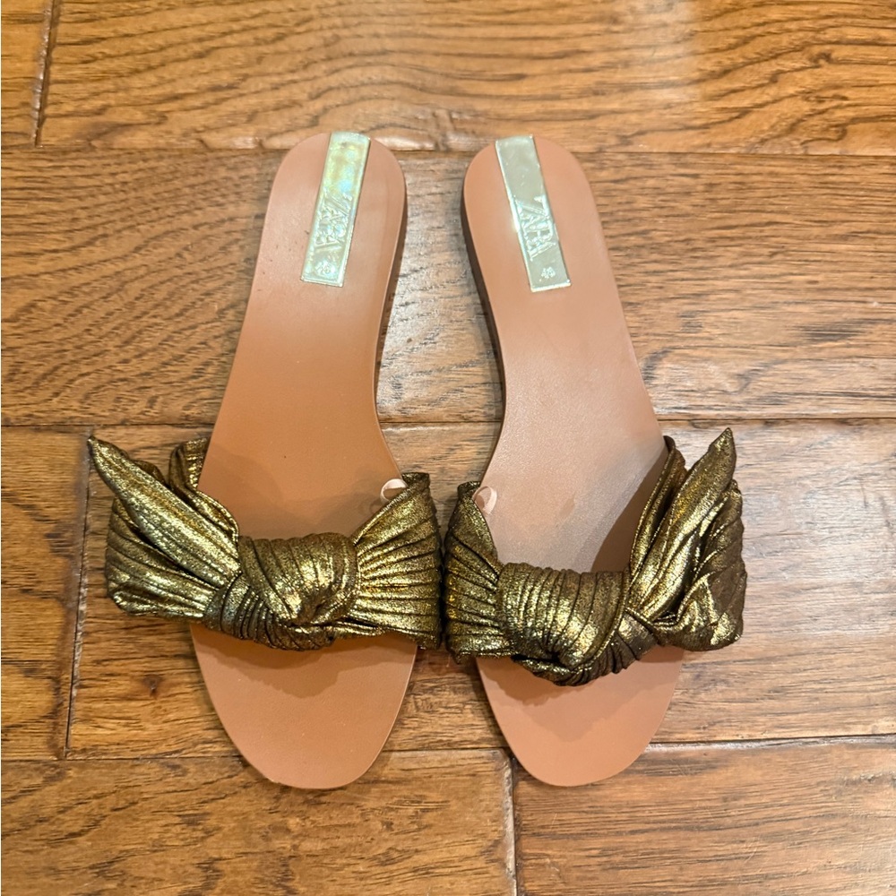 Zara Metallic Gold Knotted Slide Mules